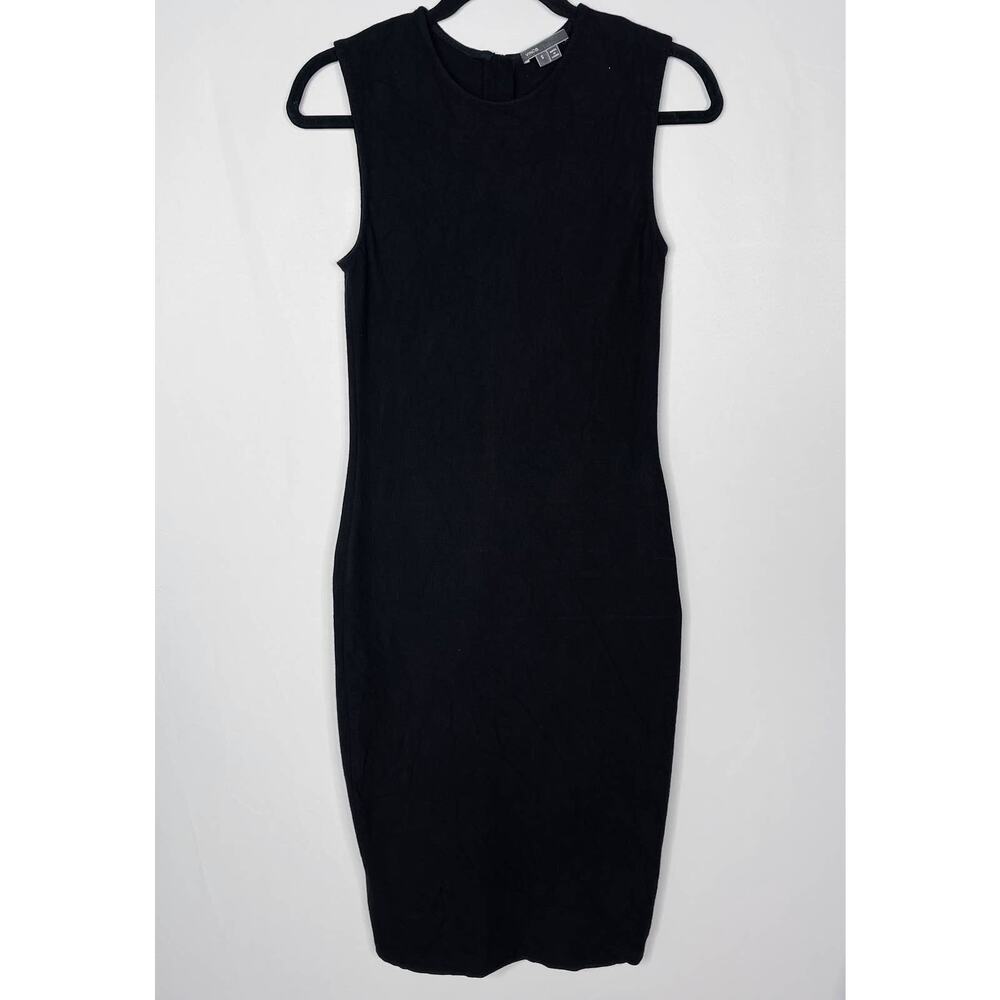 Vince Small Black Ribbed Pencil Midi Dress Sleeveless Zip Back Bodycon Crew Neck